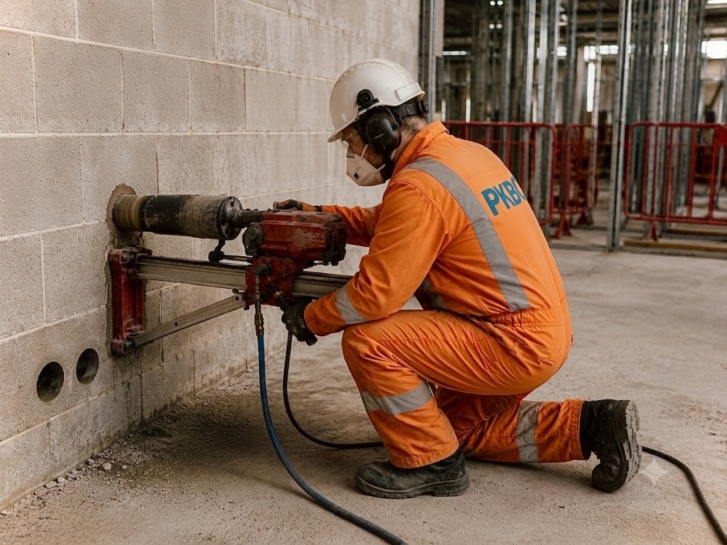 PKBC operative in full PPE carrying out diamond coring works on a concrete wall