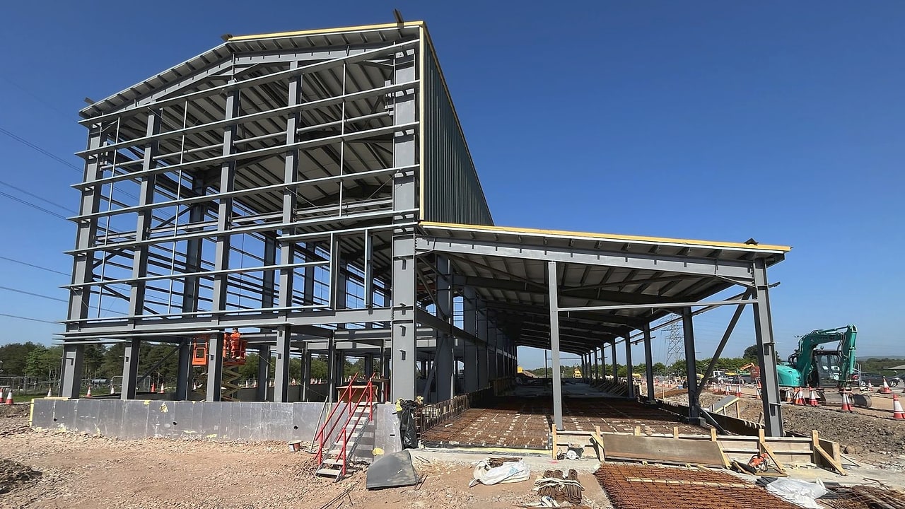 Steel frame of a substation control building under construction