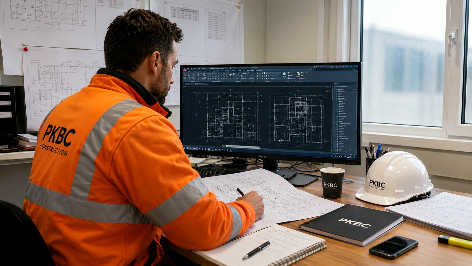 PKBC project manager reviewing CAD drawings and site plans at a desk
